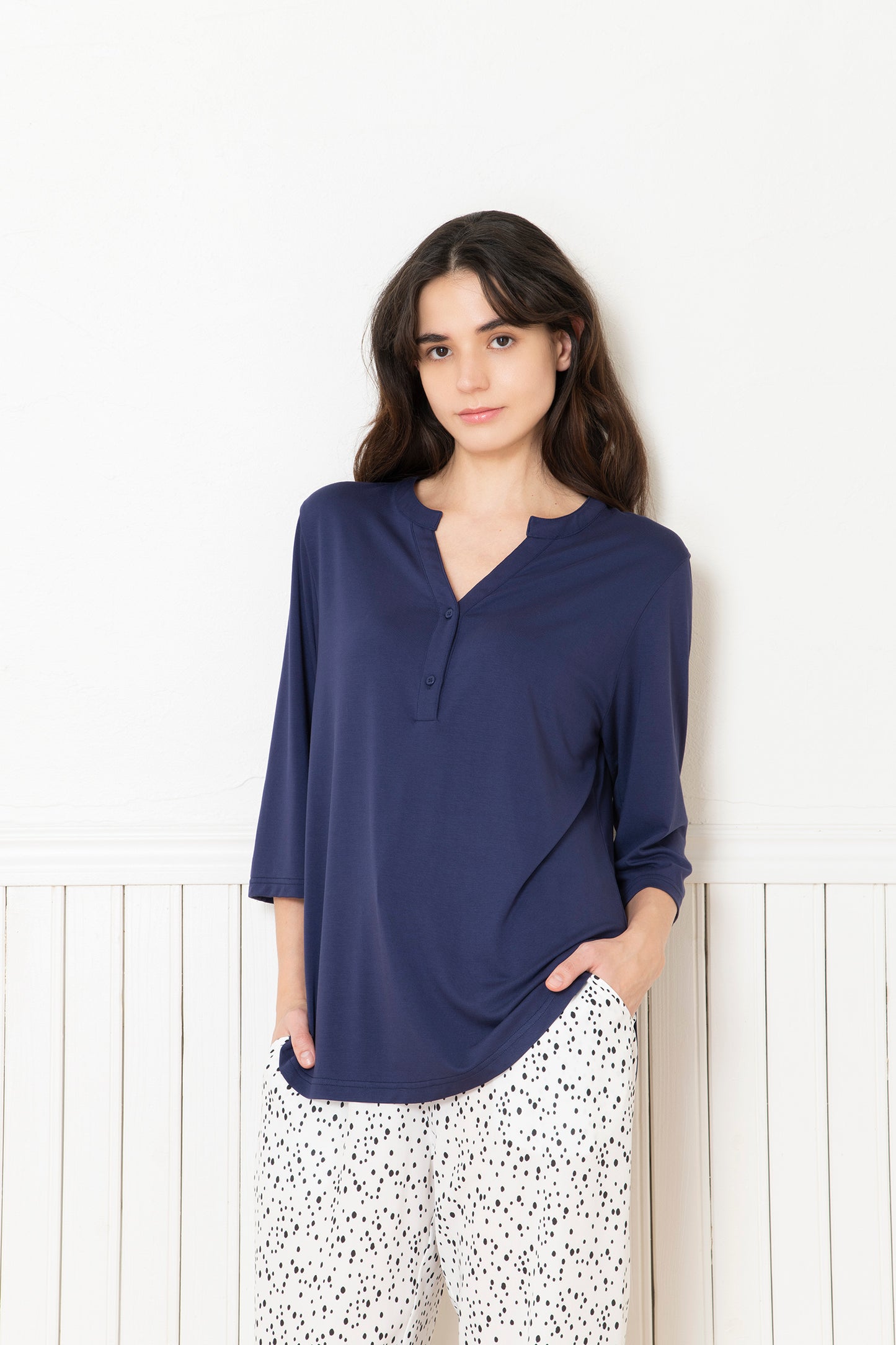 ソフトモダール ヘンリーネック半袖Tシャツ