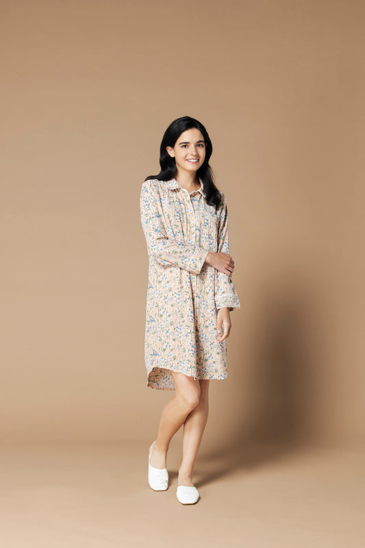 シルクタッチ レトロファリナセア 花柄パジャマ(ワンピース)