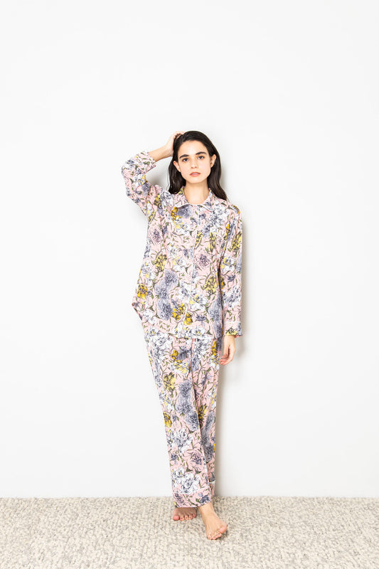 シルクタッチ ピンクフラワー 花柄パジャマ(トップス)