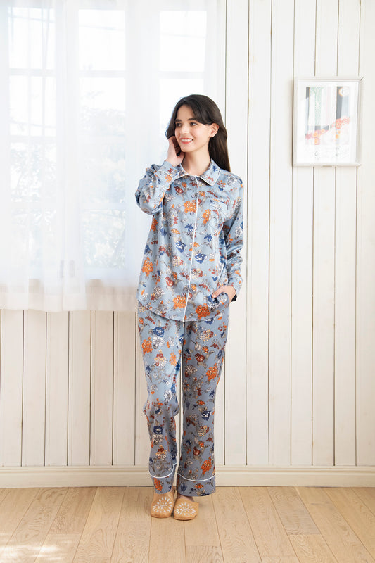 シルクタッチ サテンフラワー 花柄パジャマ（トップス）